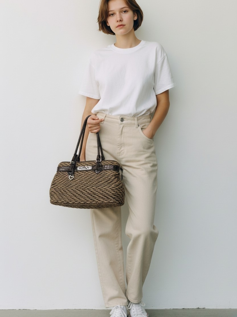 BRIGHTON Woven Straw Tote Bag with Dark Trim - Natural Brown